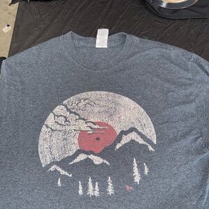 Music: Graphic Gray T-Shirt featuring Vinyl record and Mountain Design